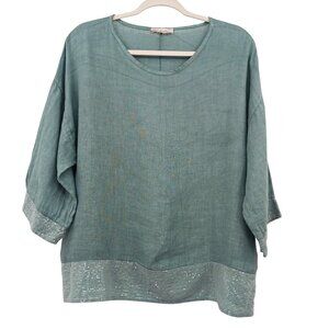 Bellambra Linen Sequin Trim Blouse Top Large Teal Lagenlook Beach Breathable
